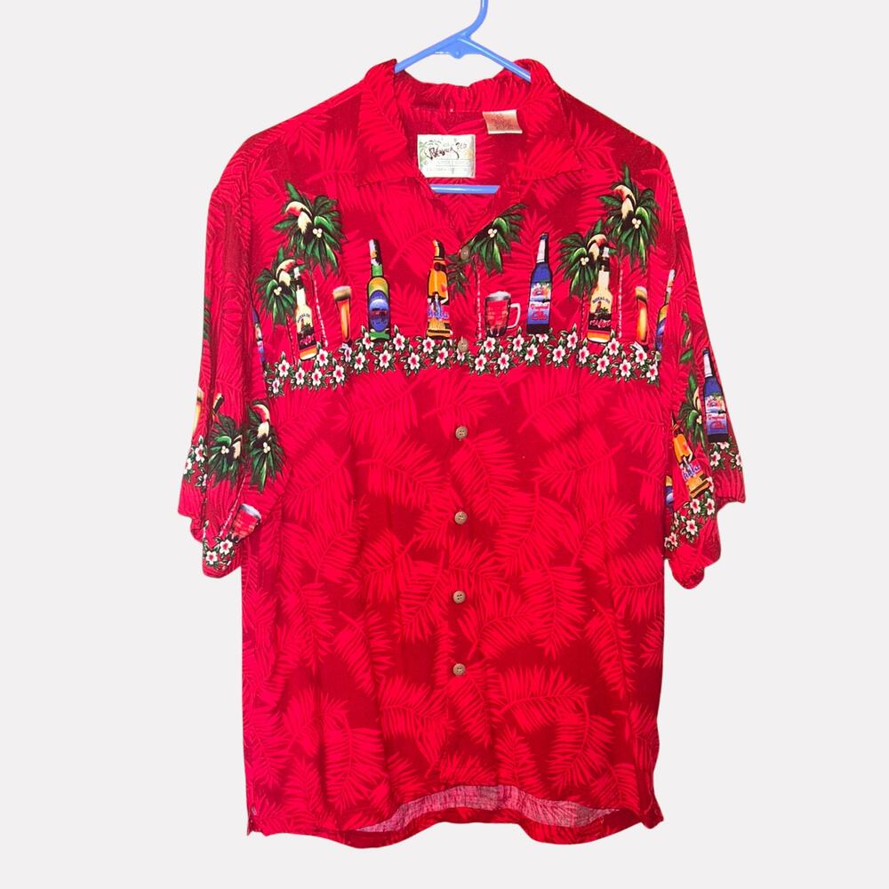 Thumbs Up Men's XL Red Hawaiian Aloha Shirt Tropical Beer Bottle Print Rayon